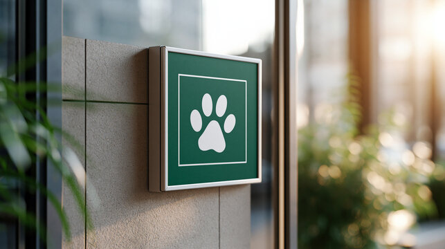 Pet care sign with paw print displayed on building entrance  