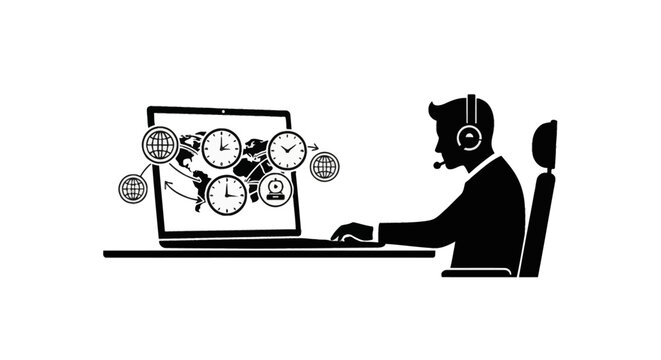 Silhouette of a professional wearing a headset while using a laptop with a world map and multiple clocks, representing global time zone management and international business.