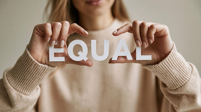 Woman holding letters spelling &ldquo;EQUAL&rdquo; with a neutral expression indoors  