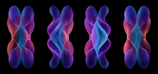 Four glowing translucent ribbon forms in neon purple, blue and pink on a black background conveying ethereal, flowing motion and mirrored symmetry © tech