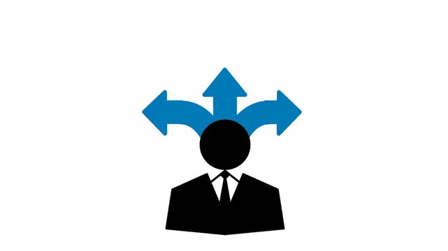 Flexibility icon featuring Businessman symbol with multiple arrows around the head. Visual representation of adaptable thinking and decision making.