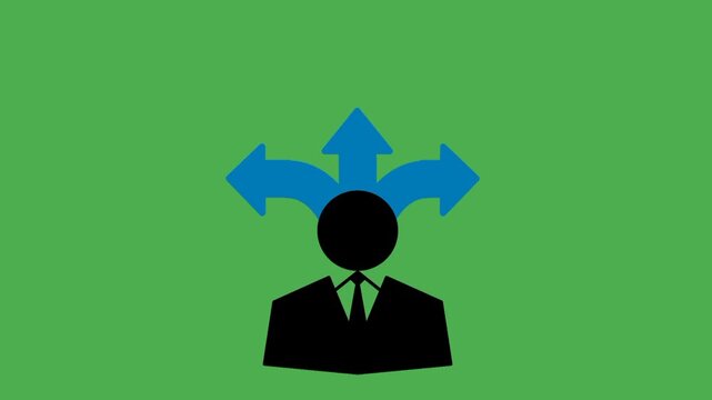 Flexibility icon featuring Businessman symbol with multiple arrows around the head. Visual representation of adaptable thinking and decision making.