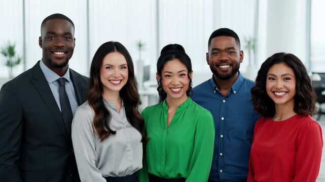 Diverse group of professional business team members smiling in a modern office environment