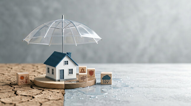Home insurance concept with house model under protective umbrella