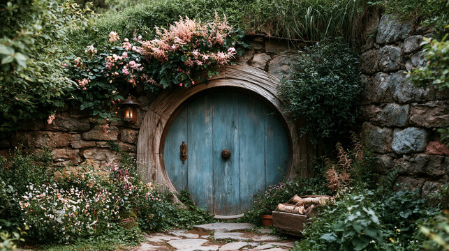 Round wooden door in a stone wall surrounded by lush greenery  