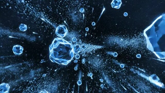 Abstract illustration of asteroid fragments exploding in space with glowing geometric blue shapes and particles