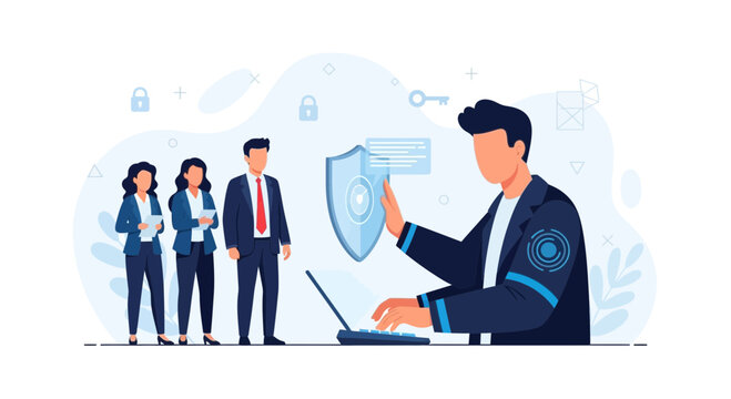 Cybersecurity team securing data and digital assets with advanced technology and protection shields.
