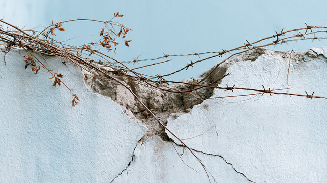 Cracked wall with vines growing in a minimalist urban setting  