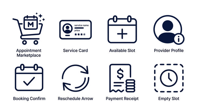 Set of appointment booking icons including marketplace, service cards, available slots, provider profiles, booking confirmations, and reschedule options.