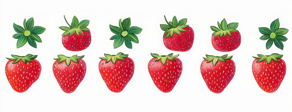 Row of bright illustrated strawberries and separate green leaf tops on white background, playful cheerful pattern