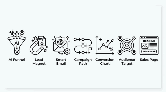 Collection of line icons illustrating artificial intelligence in marketing and sales processes, including AI funnel, lead magnet, smart email, campaign path, conversion chart