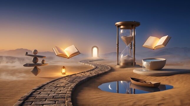 Surreal desert path with hourglass, floating books, and balance stones at sunset