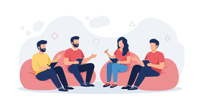 Diverse group of people in a casual meeting, discussing ideas and taking notes on beanbag chairs. Modern flat vector illustration.