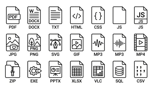 Collection of vector icons representing various file formats and web technologies.