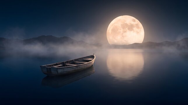 Lonely wooden rowboat floats on calm lake under large full moon