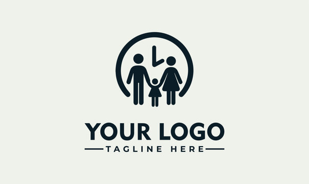 Family time clock vector logo illustration for childcare and parenting
