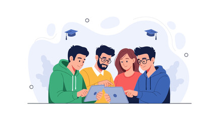 Fototapeta premium Diverse group of students collaborate on laptops, symbolizing education, teamwork, and modern learning in a flat design style.