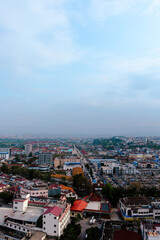Obraz premium High view of city skyline and busy streets