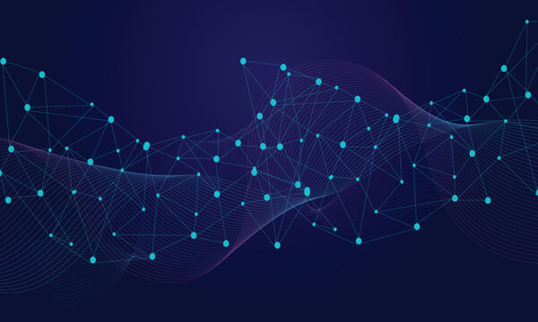 Abstract Dark Blue Technology Background. Futuristic Glowing Cyan Plexus Network with Fluid Wavy Lines and Constellation Nodes for Artificial Intelligence, Cybersecurity, and Big Data 
