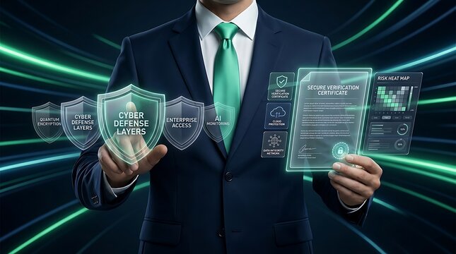 Businessman interacts with cyber defense layers and security certificate