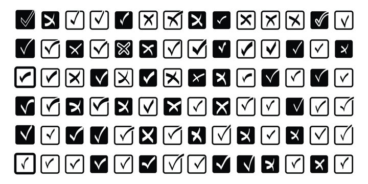 Black checkmark set .Check tick mark icon set. Cross box x check mark checkbox list vector draw hand drawn sketch doodle brush marker checklist symbol wrong right circle. hand drawn, grunge X sign. 