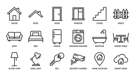 Fototapeta premium Collection of black and white household and travel icons set on white background.