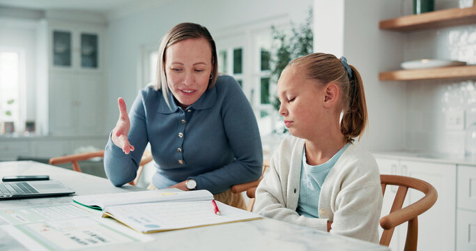 Home, mother or child with learning difficulty, help and support for development with book. Mom, teaching or bored girl with ADHD in homeschool for academic struggle, knowledge or education challenge