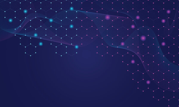 Abstract Dark Blue Technology Background. Futuristic Hexagonal Grid with Glowing Pink and Cyan Nodes, Fluid Wavy Lines, and Bottom Copy Space for Digital Healthcare and Data Network 
