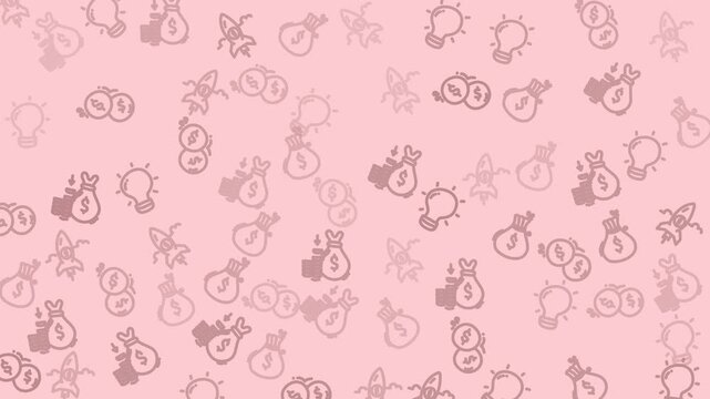 Repeating pink pattern with lightbulb, rocket, coin, money bag icons. Suitable for financial, investment, or businessthemed designs or presentations.