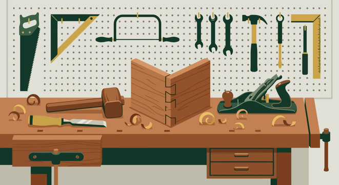 Carpenter workbench with hand tools, saw and chisel on pegboard wall.