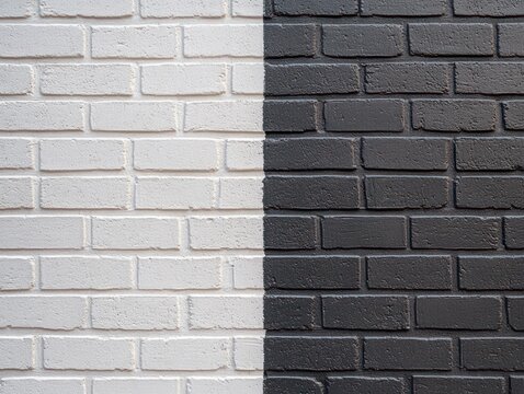 half white and half dark gray painted brick wall with a stark vertical divide conveying minimalist contrast and urban balance