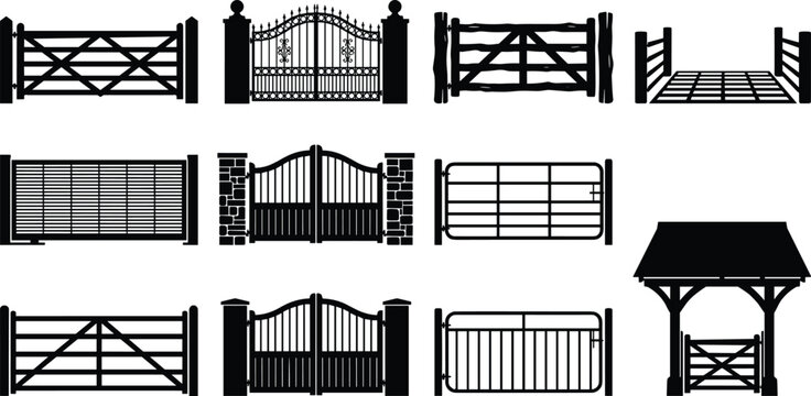 Collection of Farm Gates and Decorative Entrance Gate Silhouettes Vector Style Isolated Set