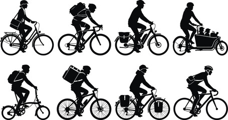 Obraz premium Cyclist Silhouette Collection with Commuter Road Cargo Delivery and Urban Bicycle Riders Set