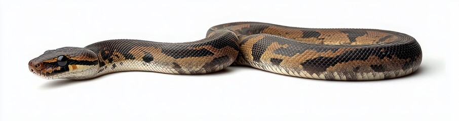 Fototapeta premium calm brown and black patterned python lying relaxed on a clean white background, glossy scales and looped body visible