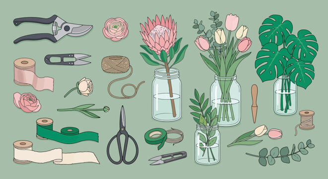 Floral arrangement tools with garden shears ribbons and flowers set
