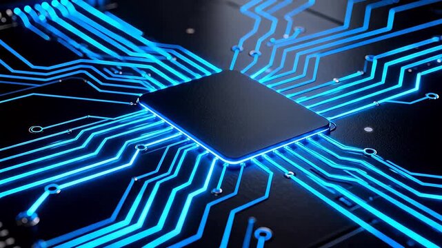 Circuit board with glowing blue lines