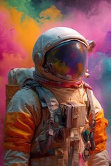 Obraz premium Astronaut ventures through a vibrant nebula of colorful toxic hues in the cosmic expanse