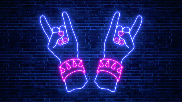 neon lights rock and roll hands gesture sign on brick wall , metal and rock live music stream,bar and club signboard social media background