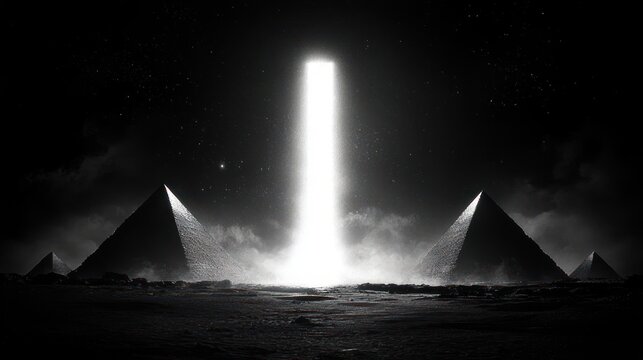 two ancient pyramids flanking a towering vertical beam of blinding light over a misty desert under a starry night, evoking awe and otherworldly mystery