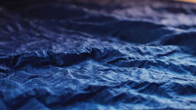 Close-up of elegant blue fabric with visible texture creating waves and flowing motion in natural light