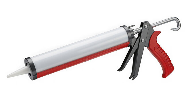 Caulk gun with red handle and silver nozzle
