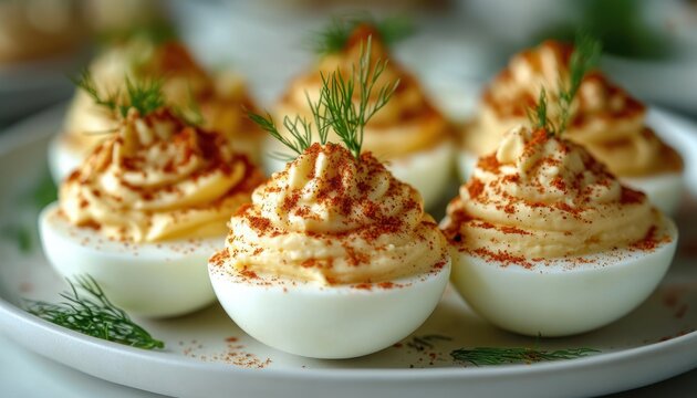 Cluster of creamy deviled egg halves piped with seasoned yolk filling, dusted with paprika and topped with fresh dill on a white plate, inviting and elegant