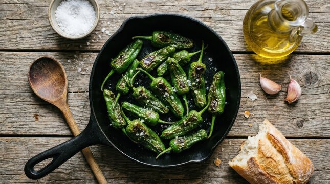 Top view of padron peppers in a cast iron skillet with olive oil, garlic, sea salt and bread on a rustic wooden table