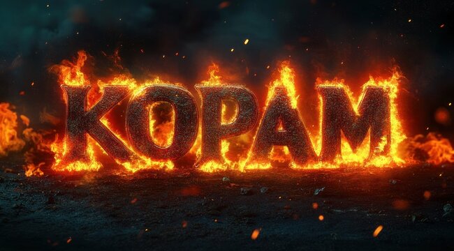 Bold three-dimensional letters engulfed in roaring flames with glowing embers, charred cracked ground and smoky dark background conveying intense heat, destruction and dramatic energy
