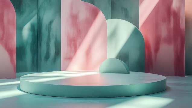 minimalist pastel stage with round podium, semicircular backdrop and arched walls bathed in soft teal and pink light, serene dreamy atmosphere