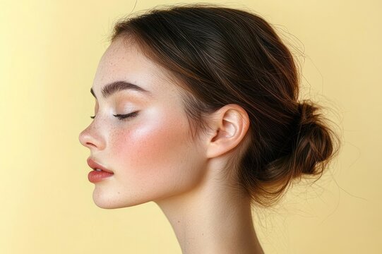 profile of a person with brown hair in a loose low bun, blurred face, visible ear and neck, calm neutral mood against a pale yellow background