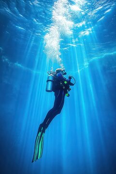 solitary scuba diver ascending through sunlit blue water, trailing bubbles and wearing fins and tank, serene underwater exploration