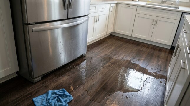 Stainless steel refrigerator leaking water onto dark wood laminate kitchen floor causing household appliance malfunction and maintenance issues