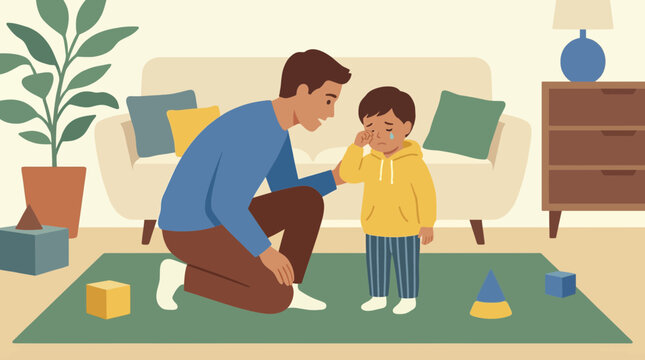 Father Kneeling To Talk Softly With Crying Toddler Illustrating Gentle Parenting Style