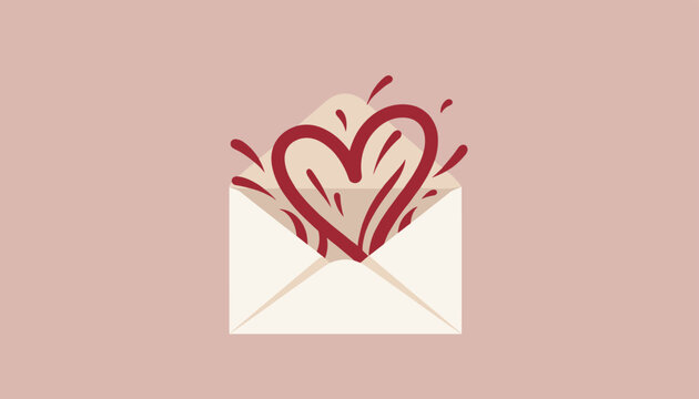Stylized heart exploding out of an open cream envelope symbolizing love letters and romantic messages on a pink background.